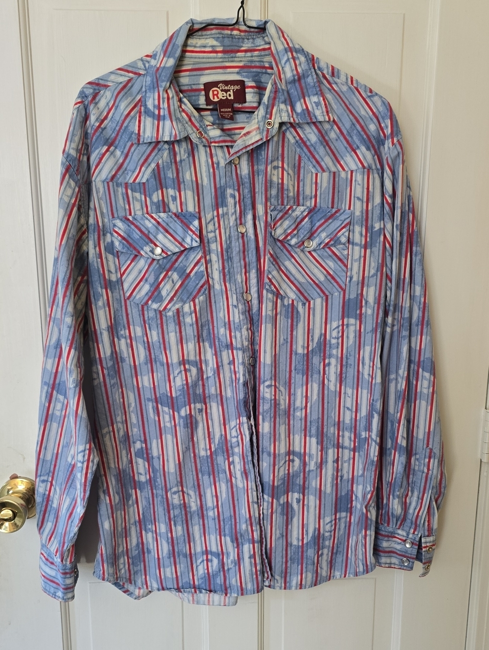 Vintage Red Men’s Blue & White Striped Casual Button-Down Shirt Size M